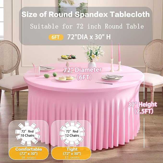 8 Pack Baby Pink Spandex Round Tablecloths for 72 inch Table, Wrinkle Free 132inch Stretchy Fitted 6FT Round Table Cloths Cover with Skirt for Wedding Party Dining Banquet Events - Image 6