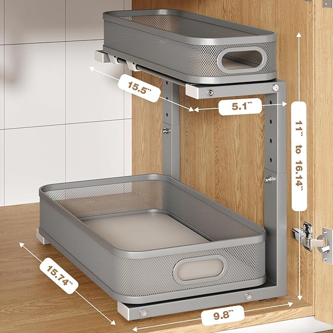1 Pack 15.7IN-Depth Under Sink Organizer With Smooth Cylindrical Rail,2-Tier Pull Out Multi-Purpose Cabinet Storage for Bathroom&Kitchen,Height Adjustable,Rust-resistant Coating-Gun Gray - Image 2