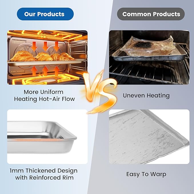 BIEAMA 6 Pack Stainless Steel Toaster Oven Baking Sheets, 16 x 12 in | Stainless steel pans with no chemical coating, mirror-polished finish and rolled edges; dishwasher safe, oven safe to 500°F. - Image 4