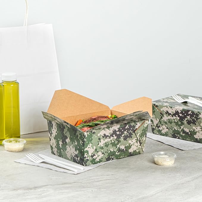 Restaurantware-Bio Tek 8.5 x 6.2 x 3.5 Inch Food Containers, 200 Durable Takeaway Boxes - Disposable, Sturdy, Camouflage Paper 98 Ounce Takeout Boxes, Rectangle, For Takeout And Delivery, Or Picnics - Image 8