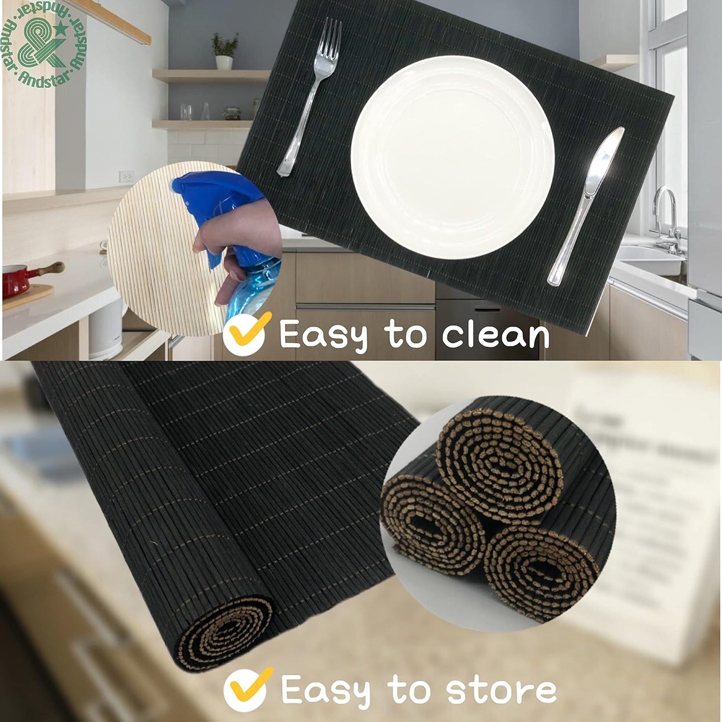 ANDSTAR Set of 8 Pcs Bamboo Placemats Sushi Rolling Mat Japanese Style Natural Anti-Slip Bamboo Placemats Washable Heat-Resistant Table Mats for Dining Room and Kitchen（Black）