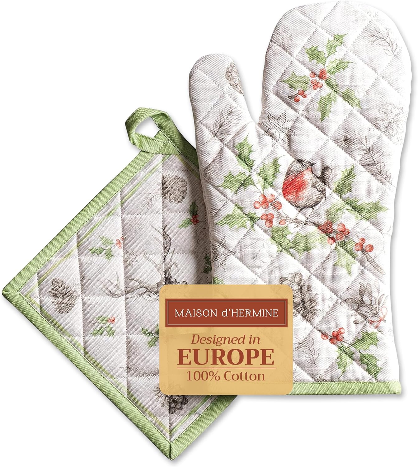 Maison d' Hermine 100% Cotton Oven Mitt & Pot Holder Set (7.5"x13" & 8"x8") Heat Resistant BBQ Cooking Gloves with Loop, Baking, Grilling, Kitchen, Handling Hot Pans (Christmas Dew)