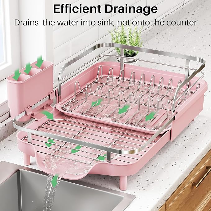 SNTD Expandable Dish Drying Rack for Kitchen Counter, 15.2-22.1 in, Pink - Image 4