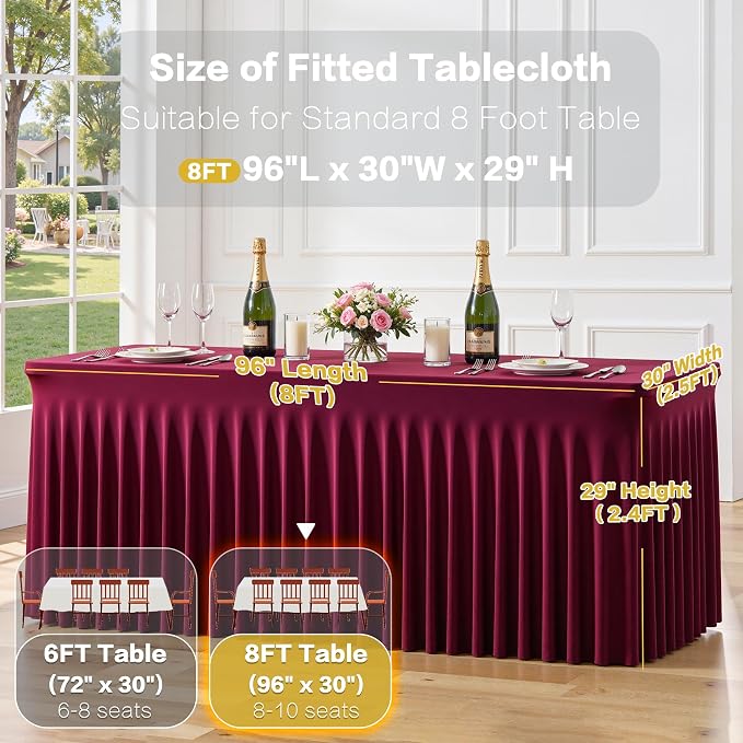 2 Pack Burgundy Table Cloth for 8 Foot Rectangle Tables Spandex Fitted Tablecloth 8ft Stretch Table Covers Skirt Burgundy Banquet Tablecloths Wrinkle Free Tablecloth for Party Wedding Birthday Event - Image 6