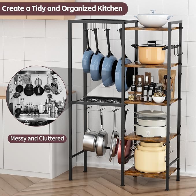 5-Tier Pot and Pan Organizer Rack with Hooks, Heavy-Duty Kitchen Storage Shelf for Cookware, Dishes, and Utensils, Freestanding Metal Pot Rack Organizer for Kitchen, Pantry, or Dining Room - Image 2