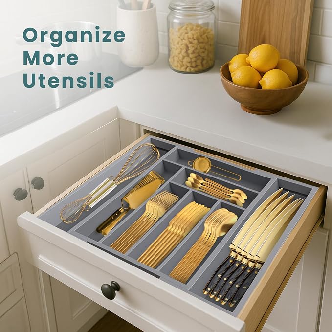 Sben Bamboo Cutlery Drawer Organizer, Gray, Large - Image 3