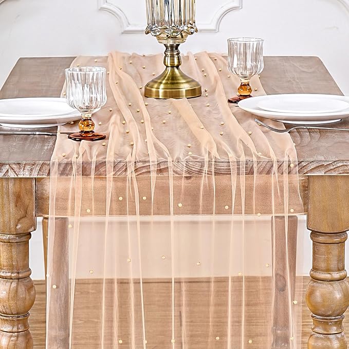 6 Pieces Pearl Tulle Table Runner 10ft Gauze Runners Champagne Desktop - Image 8