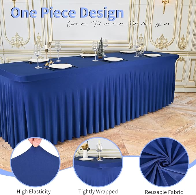 2 Packs Navy Blue Spandex Table Clothes for 8 Ft Tables - Image 3