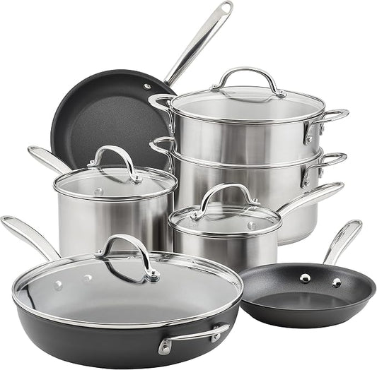 Rachael Ray 70033 Professional Stainless Steel/Hard Anodized Nonstick Cookware Pots and Pans Set, 11 Piece - Gray and Silver by RachaelRayKitchenware