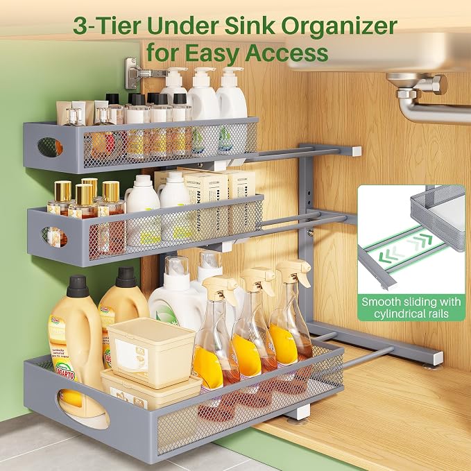 Kitstorack Under Sink Organizer 3-Tier Slide Out Drawer 1-Pack Grey - Image 4