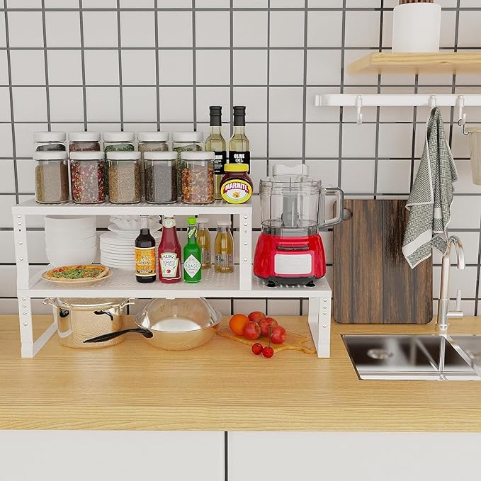 Jojocross Expandable Cabinet Shelf Organizer Storage Spice Rack Shelves for Kitchen Stackable Adjustable Pantry Cupboard Bathroom Countertop Desktop(1Pack/White/Large-with Hole) - Image 3
