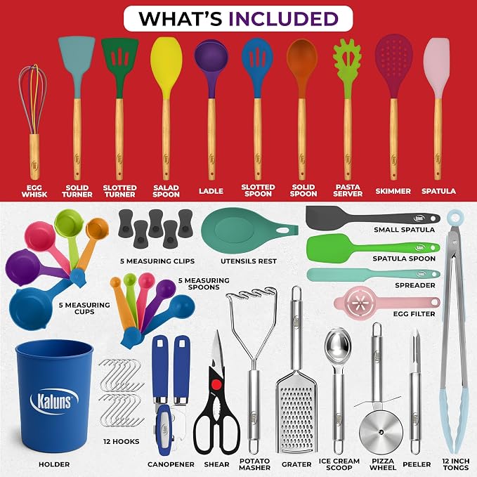 Kaluns 50 PCS Silicone Kitchen Utensils Set Complete Kitchen Set - 800°F Heat Resistant Non-Stick Premium Silicone Cooking Utensils W Wooden Handles - Can Opener, Masher, Turner, Silicone Spatula Set - Image 3