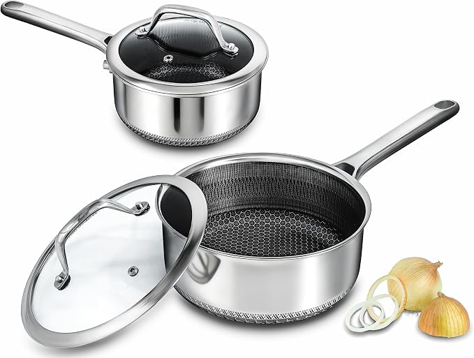 Hybrid Nonstick Saucepan Set of 2 with Lids 1.5 QT and 3 QT, Stainless Steel Honeycomb Pans with Side Pour Spouts,Compatible with All Cooktops,Dishwasher and Oven Safe by Unknown