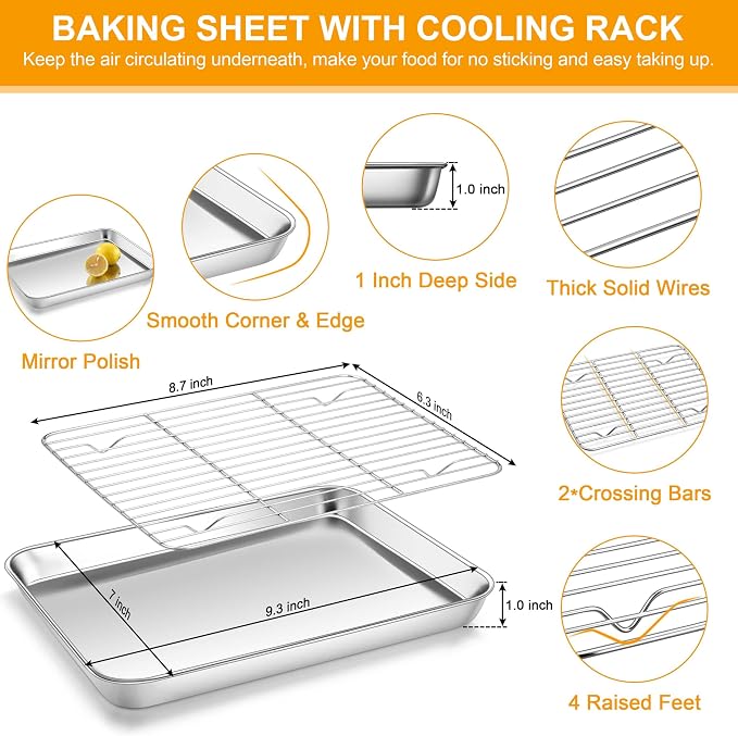 Homikit Mini Baking Sheet with Wire Rack for Toaster Oven (1 Pan+1 Rack) | 9x7 Inch Stainless Steel Baking Pan with Cooling Rack Set, Metal Cookie Sheets, Small Bacon Tray, Nonstick, Dishwasher Safe - Image 2