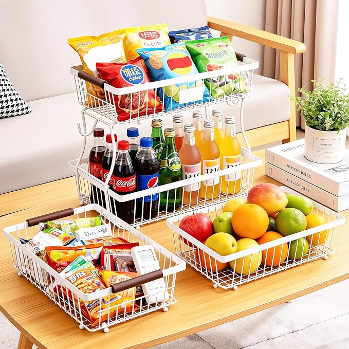 2-Tier Stackable Wire Basket with 2 Banana Hooks, Pantry Organizer for Kitchen Countertops, Cabinets & Under-Sink Spaces; Ideal for Storing Snacks, Fruits, Veggies, Onions, Potatoes, & More，White - Image 4