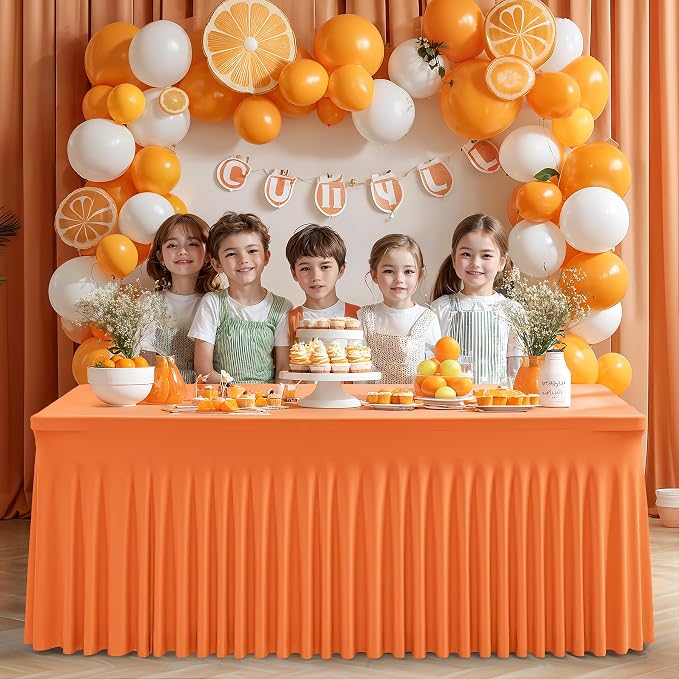 Wish Care 6 Pack Orange Spandex Table Clothes for 8 Foot Rectangle Tables, 8FT Wrinkle Free Fitted Tablecloths Ruffles Design Table Cover for Party, Banquet, Wedding and Events - Image 6