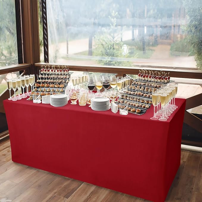 Rectangle Spandex Fitted Tablecloths For Vendor Booths 2 Pcs 96X30 Inch Red - Image 2