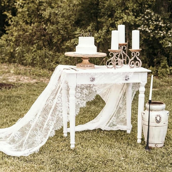 LuoluoHouse 2 Pack 60 x 120 Inch White Lace Rustic Table Cloths Vintage - Image 2