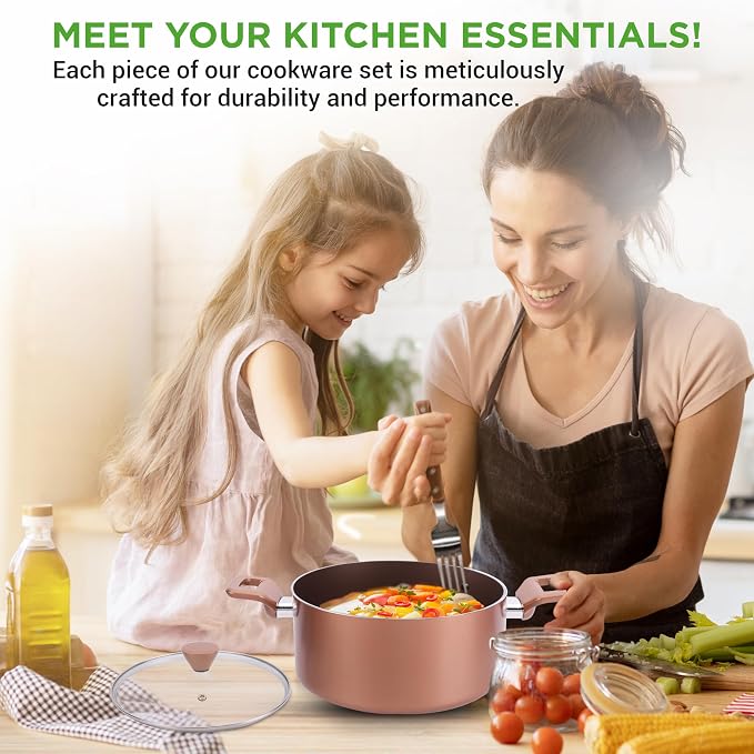 NutriChef 13 Pcs. Nonstick Kitchen Cookware PFOA/PFOS-Free Heat Resistant Kitchenware Set w/Saucepan, Frying Pans, Cooking Pots, Casserole, Lids, & Utensils, Brown, NCCWA13BR - Image 6