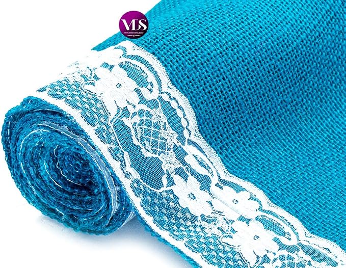 VDS Pack of 20, Burlap Table Runner with White Lace Edge, 100% Natural Jute Rustic Hessian Table Cloth Centerpiece for Wedding Birthday Party Banquet Table Decoration (Size 12X108 Inch)(Teal) - Image 5