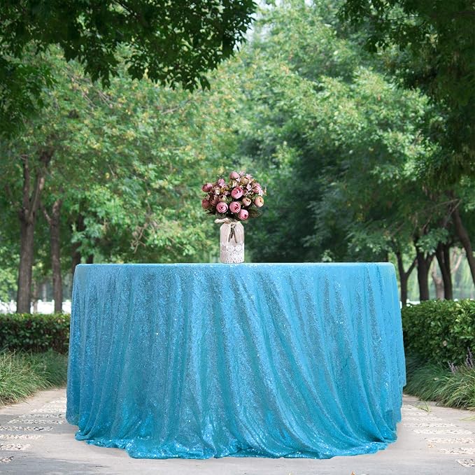 JYFLZQ Baby Blue Sequin Tablecloth Glitter Party Table Cover 120 Inch Round by JYFLZQ