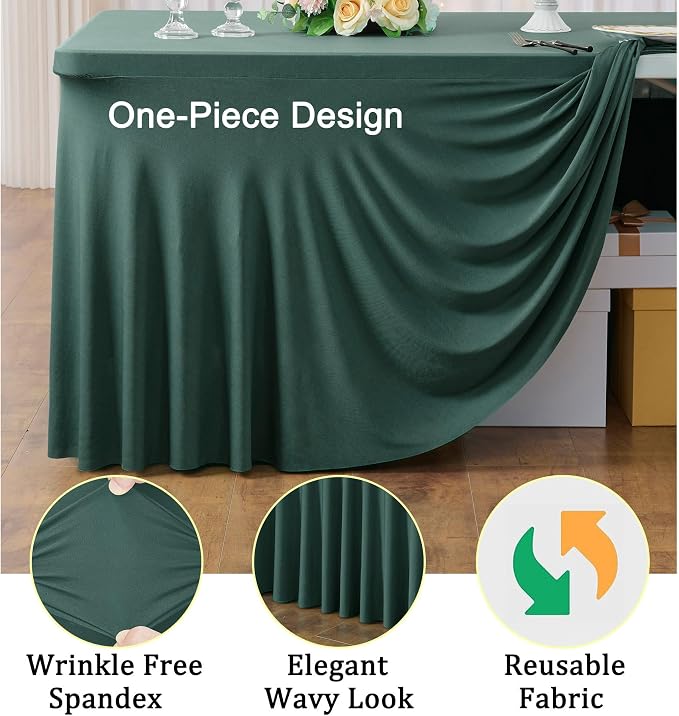 4 Pack Hunter Green Spandex Tablecloths for 6 Foot Rectangle Tables, Wrinkle Free Fitted Tablecover 6ft Stretchy Table Clothes with Skirt for Weddings Birthday Party Banquet Baby Shower - Image 3