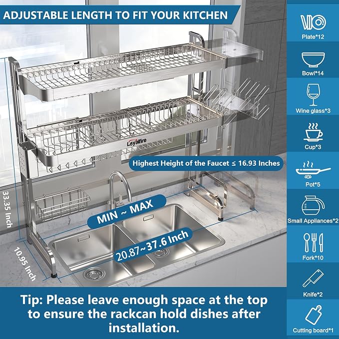 Loyalfire Over Sink Dish Drying Rack, 3 Tier Adjustable Length (20.87'' to 37.6'') Full Stainless Steel Large Storage Kitchen Dish Rack, Expandable Drainer Shelf Rack with Multifunctional Organizers - Image 2