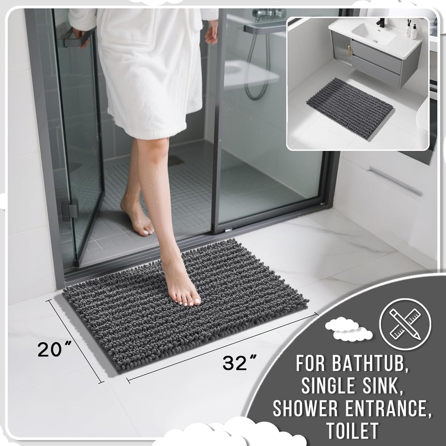 Yimobra Bathroom Rugs Non Slip Washable 32x20 Inch - Ultra Soft Absorbent Chenille Bath Mat, Quick Dry Shaggy Floor Carpet for Tub Shower, Dark Gray Home Decor Accessories