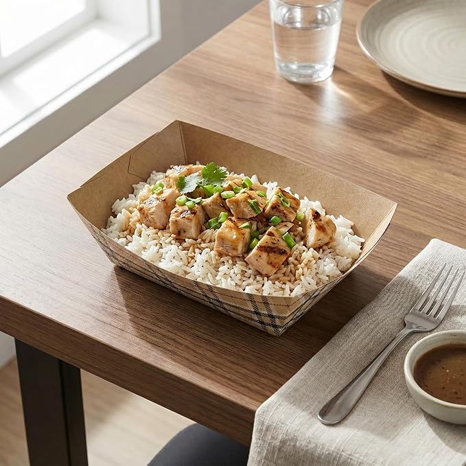 Restaurantware-Bio Tek 1/2 Pound Food Trays, 50 Disposable Paper Food Trays - Heavy-Duty, Greaseproof, Plaid Paper Food Boats, For Snacks, Appetizers, Or Treats, Use At Parties Or Carnivals - Image 4