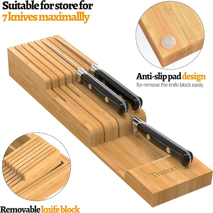 Bamboo Silverware Drawer Organizer, 6-8 Slots Kitchen Drawer Tray | 13"-21.69" Expandable, Utensil Holder & Cutlery Tray with Removable Knife Block, Hold 7 Knives, 2.36" Deep for Extra Capacity - Image 8
