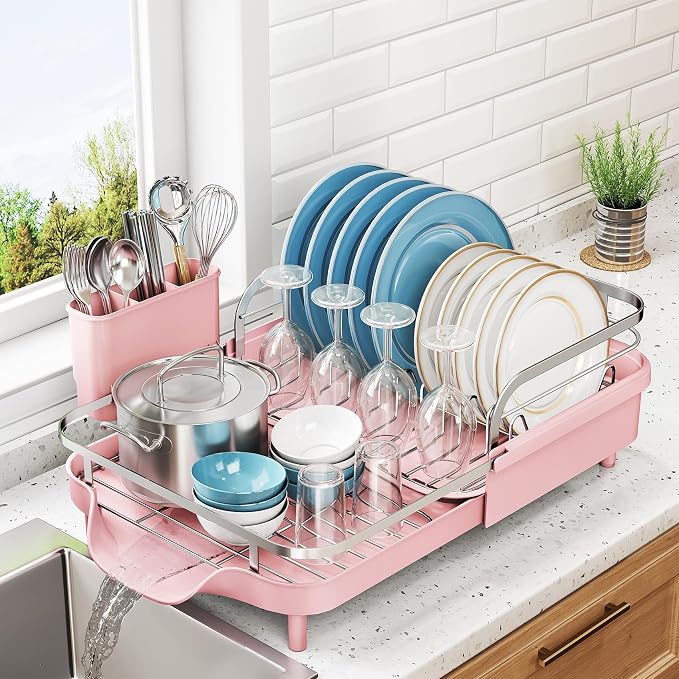 SNTD Expandable Dish Drying Rack for Kitchen Counter, 15.2-22.1 in, Pink by SNTD