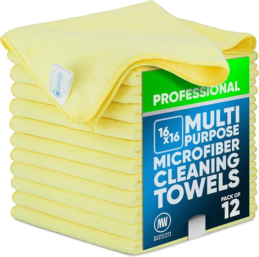 Microfiber Wholesale MW Pro 16x16 Commercial Cleaning Rags - Professional Janitorial Supplies for Dusting, Office & Heavy Duty Cleaning - Multi-Surface Dusters (Yellow, 12-Pack) by MicrofiberWholesale