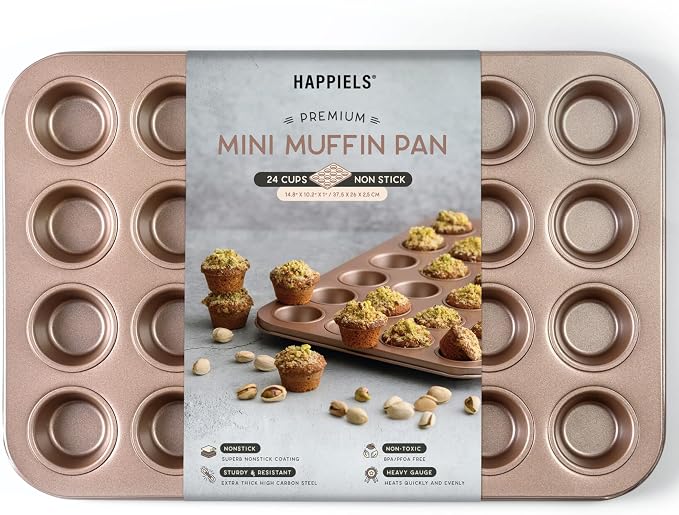 HAPPIELS 24 Cup Mini Muffin Pan Nonstick, PFOA & BPA Free | | Non-Toxic - High Carbon Steel - Gold - Small Cupcake Tin for Oven Baking by HAPPIELS