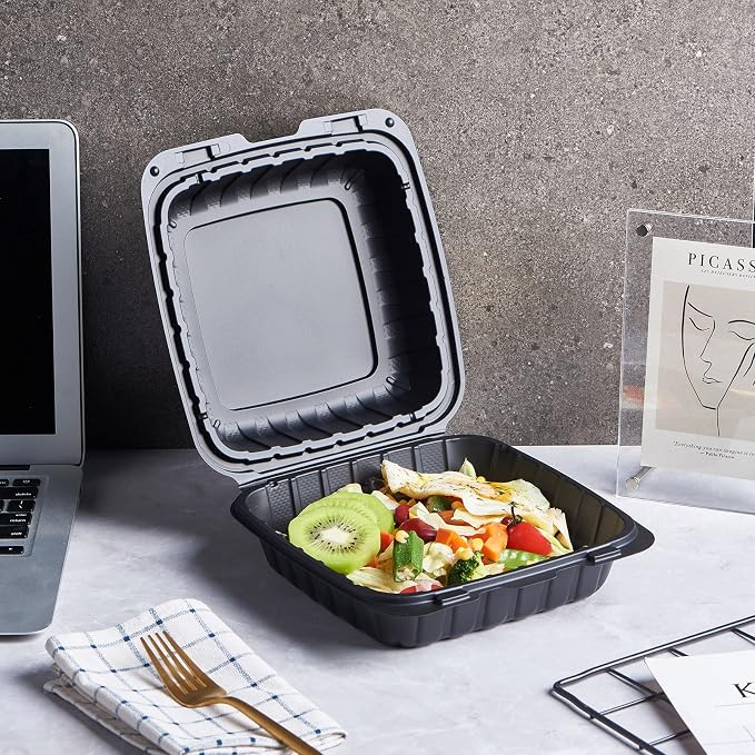 Jaluxing 8X8 1-Compartment 50-Pack Plastic Clamshell Takeout Food Trays Heavy Duty Togo Disposable Box Carryout Meal Prep Packaging Catering Hinged Containers With Secure Snap Lid (Formerly FULING) - Image 5