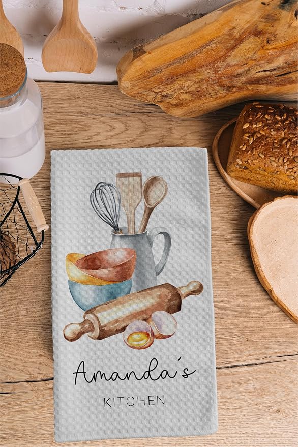 Personalized Kitchen Towel | Custom Tea Towel | Watercolor Utensil Dish Towel | Kitchen Decor | Hand Towel Gift Set | Waffle Weave Dishcloth (Pack of 3 Towels, Design 2) - Image 3