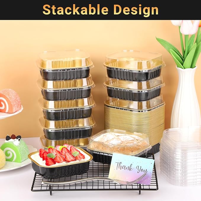 Beasea Aluminum Ramekins With Lids, 50 Pack 8.5oz 250ml Disposable Mini Small Square 4 Inch Foil Aluminum Baking Cups Oven Baking Mini Brownie Cupcake Pan Tins for Party - Black Gold - Image 5