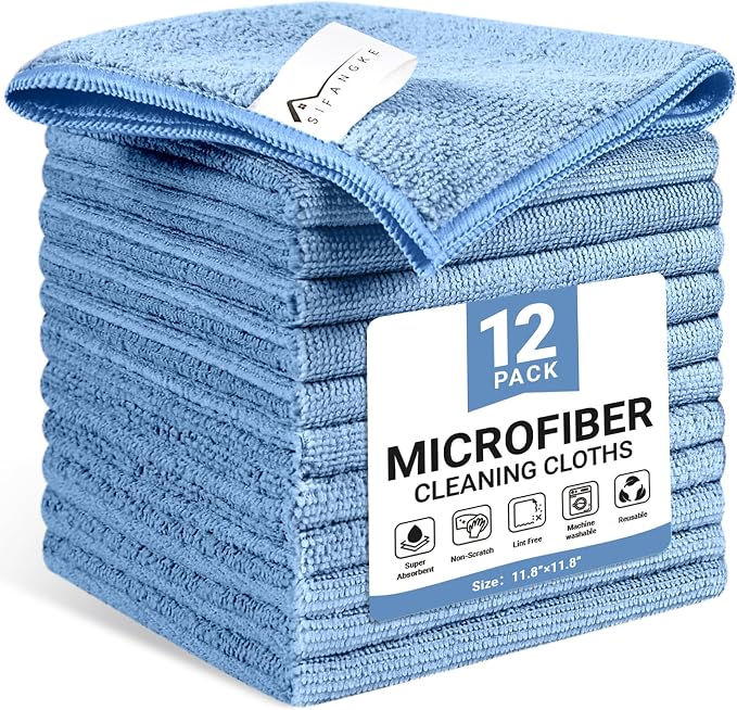 SIFANGKE Microfiber Cleaning Cloth, 12 Pack Blue Cleaning Rags for Housekeeping, Reusable Microfiber Towels for Car, Kitchen, Bathroom and Household Cleaning Supplies, 11.8"X11.8" by Unknown