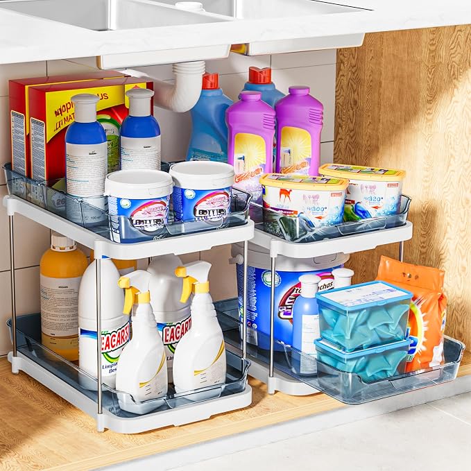 Delamu 2-Tier Multi-Purpose Bathroom Under Sink Organizers and Storage, Stackable Kitchen Pantry Organization, Pull Out Medicine Cabinet Organizer with Movable Dividers, Blue, 4 Pack - Image 5