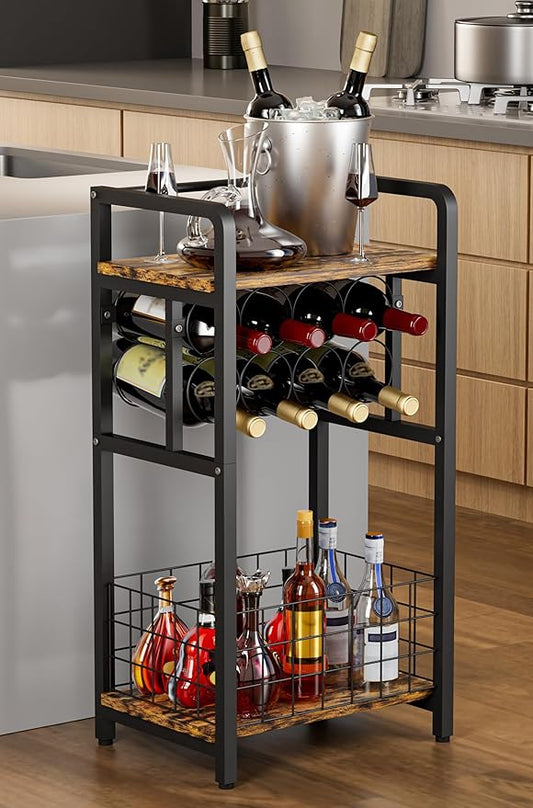 3-Tier Wine Rack Freestanding Floor with Wood Top, Liquor Stand with Wine Bottle Holder, Corner Wine Bar Table for Small Space, Metal Whiskey Shlef for Kitchen, Cellar, Living Room, Black