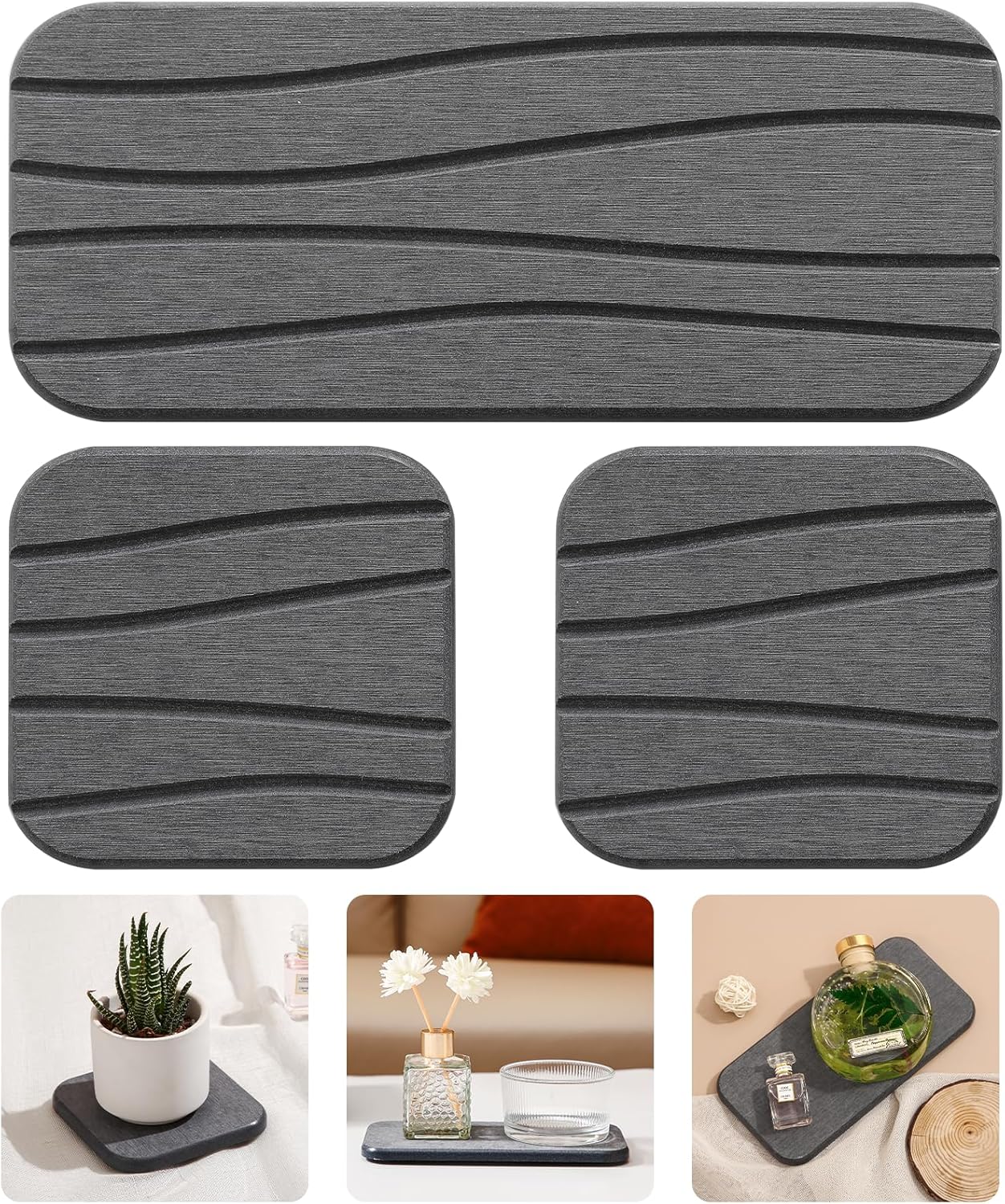 3PCS Water Absorbing Diatomaceous Earth Tray for Sink, Fast Drying Soap & Toothbrush Holders for Bathroom Counter, 1 Stone Tray, 2 Stone Coasters