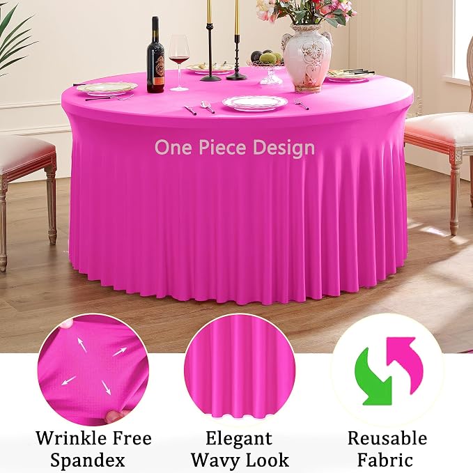 6 Pack Hot Pink Spandex Round Tablecloths for 60 inch Table, Stretchy 120inch Fitted 5FT Fuchsia Round Table Cloths, Wrinkle Free Table Cover with Skirt for Wedding Party Dining Banquet - Image 3