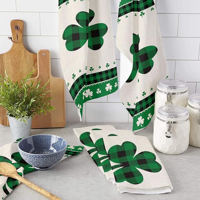 Kitchen Towels,Soft Microfiber Cleaning Cloths, St. Patrick's Day Green Black Buffalo Plaid Lucky Shamrock Dish Towels for Kitchen, Pack of 4 Absorbent Dish Towels,Tea Towels,Bar Towels,18x28 Inch - Image 3