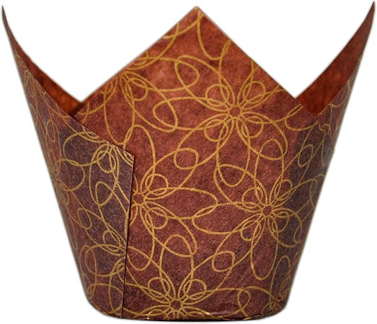 (JUMBO Large size) Brown Golden pattern Tulip Baking Cups 2-1/4"(Base diameter) x 3-3/4"(Wall height) Greaseproof paper Muffin liners, Case of 130 pcs by MyBakning