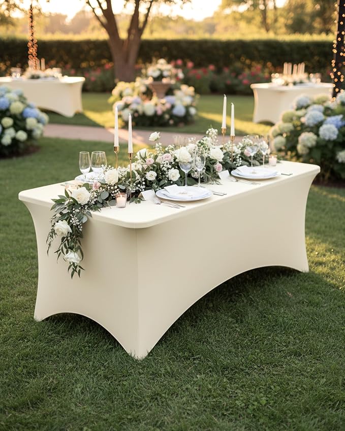 Fixwal 2 Pack 6FT Ivory Tablecloth Rectangle Spandex Fitted Table Cover - Image 2