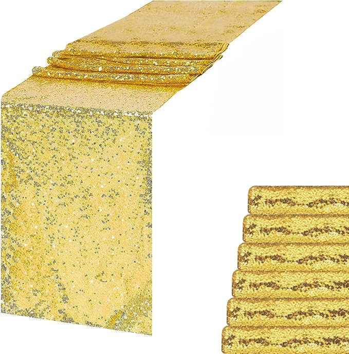 Gold Sequin Table Runner 6 Pack, 12''x108 Glitter Table Runners by WISPET