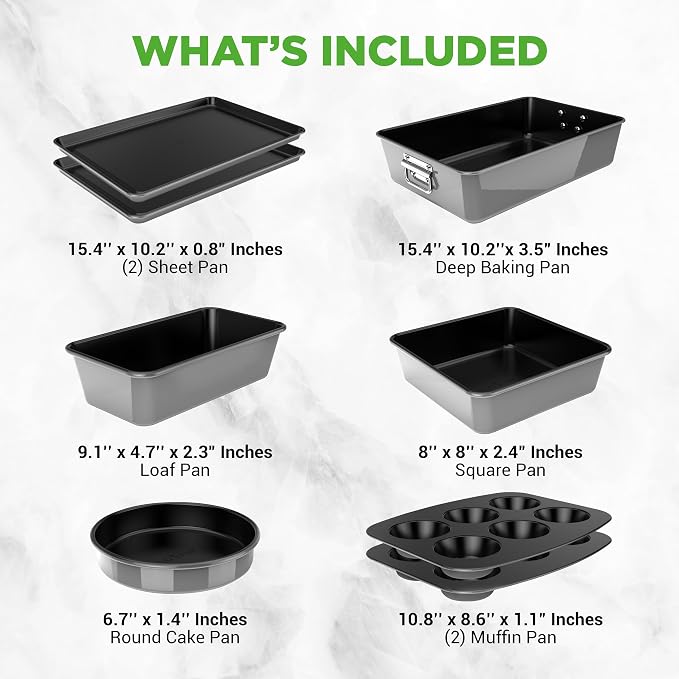 NutriChef 8-Piece Nonstick Stackable Bakeware Set - PFOA, PFOS, PTFE Free Baking Pans Set w/Non-Stick Coating, 450°F Oven Safe, Round Cake, Loaf, Muffin, Wide/Square Pans, Cookie Sheet (Gray) - Image 7