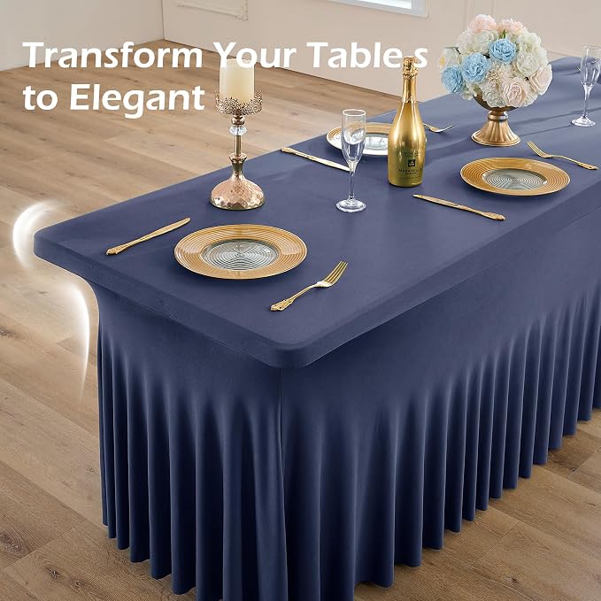 4 pk Navy Blue Spandex Tablecloth 6ft with Ruffled Skirt, Wrinkle Free High Stretch Fitted Tablecloths for 6 Foot Rectangle Tables, Elastic Navy Spandex Table Covers 6 ft for Graduation Wedding Party - Image 7