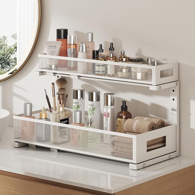 2 Pack 20.47IN Depth Under Sink Storage Organizer, Large 2-Tier Elegant Mesh Pull Out Shelf for Kitchen and Bathroom Cabinet Organization, L-Shaped and Adjustable Height Design-White - Image 7