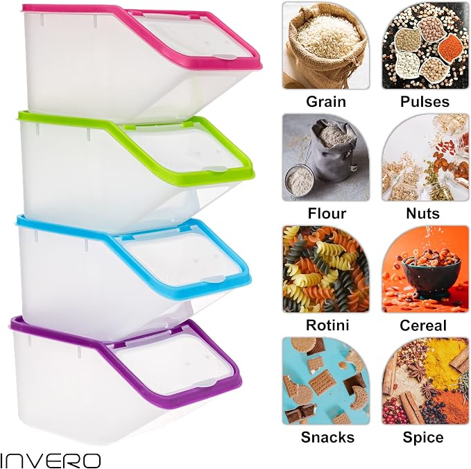 Invero® 4x Set of Kitchen Dry Food Storage Plastic Tub Containers with Scoop ideal for Pasta, Cereal, Rice, Pet Food and more - Image 4