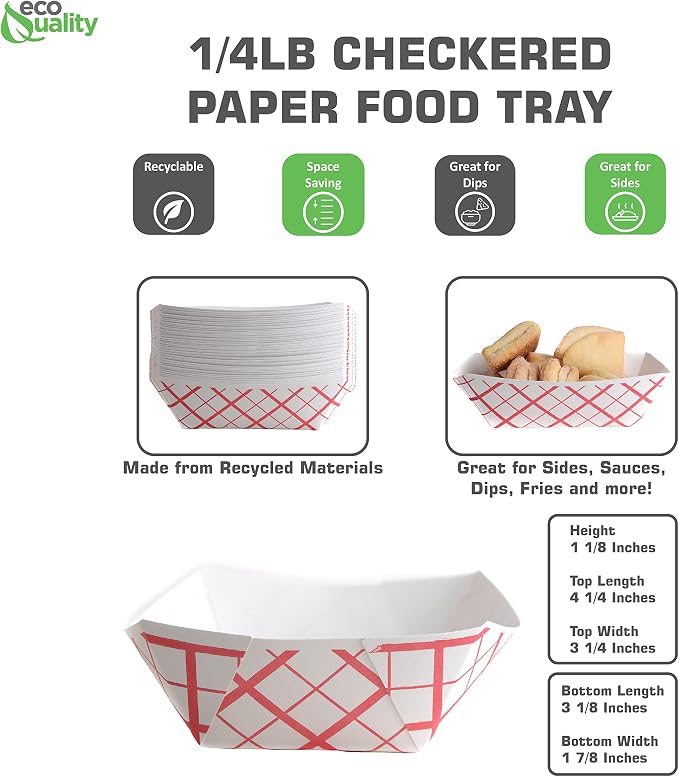 700ct Disposable Paper Food Tray (1/4 LB) - Red Check Food Tray, USA MADE, Recyclable, Biodegradable, Compostable, Great for Picnics, Carnivals, Party, Camping, BBQ, Restaurants, Fries (0.25lb) - Image 3